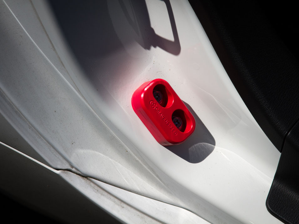 Red CravenSpeed Door Bushins installed in a 2016 Mazda MX-5 Miata ND.