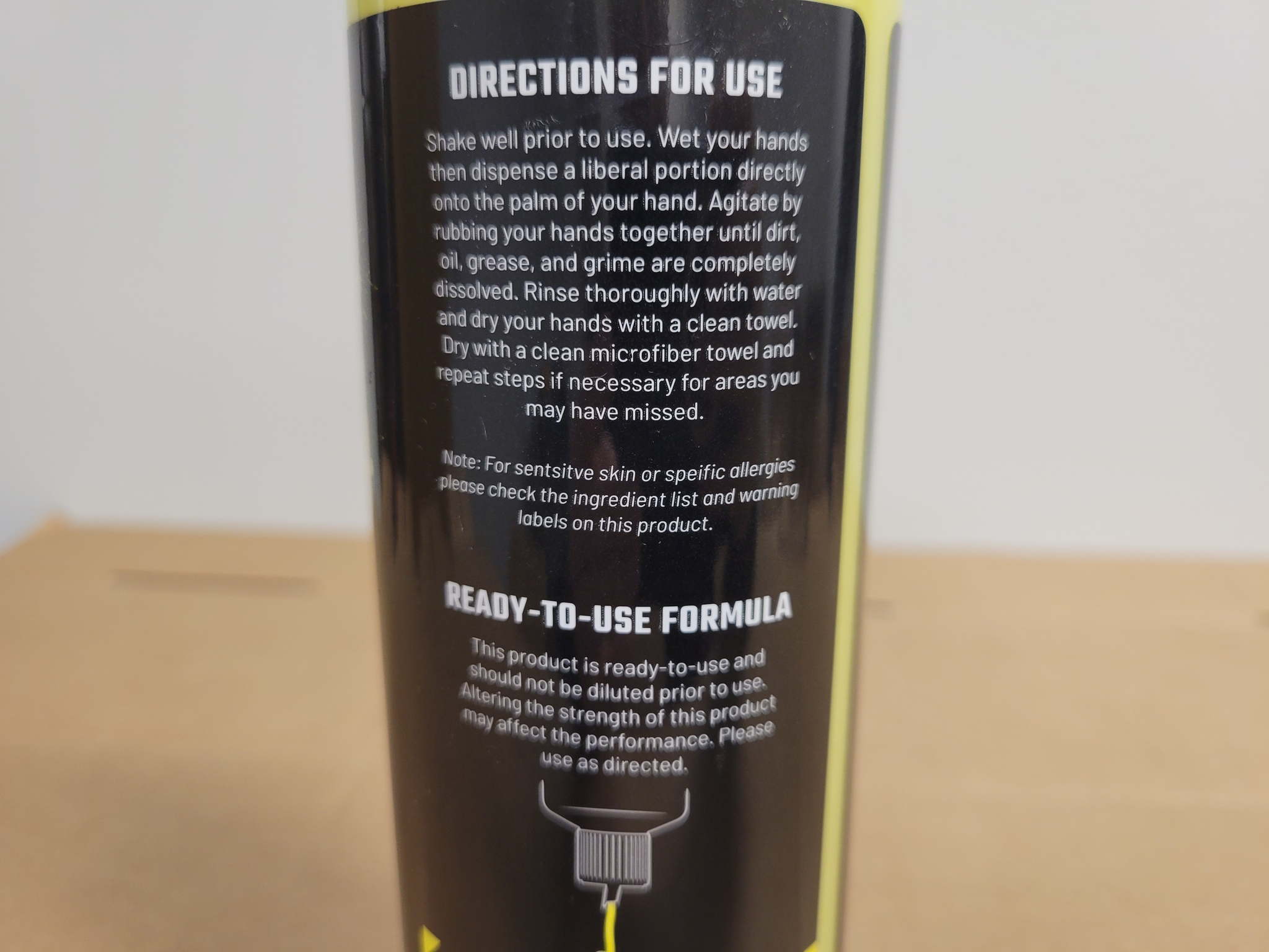 The Slick Products Hand Cleaner, close up of directions for use