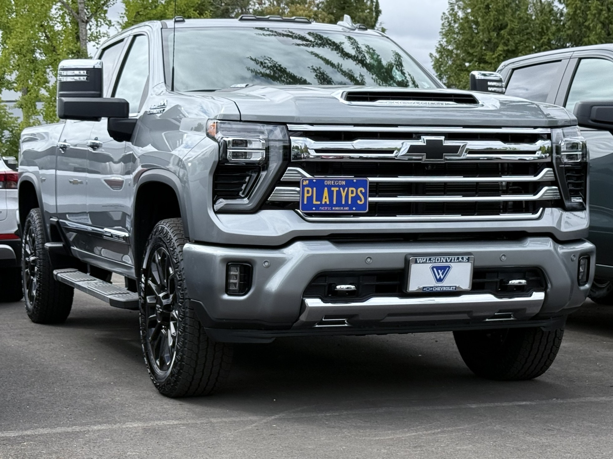 The Platypus License Plate Mount installed on a 2025 Chevrolet Silverado HD High Country. 