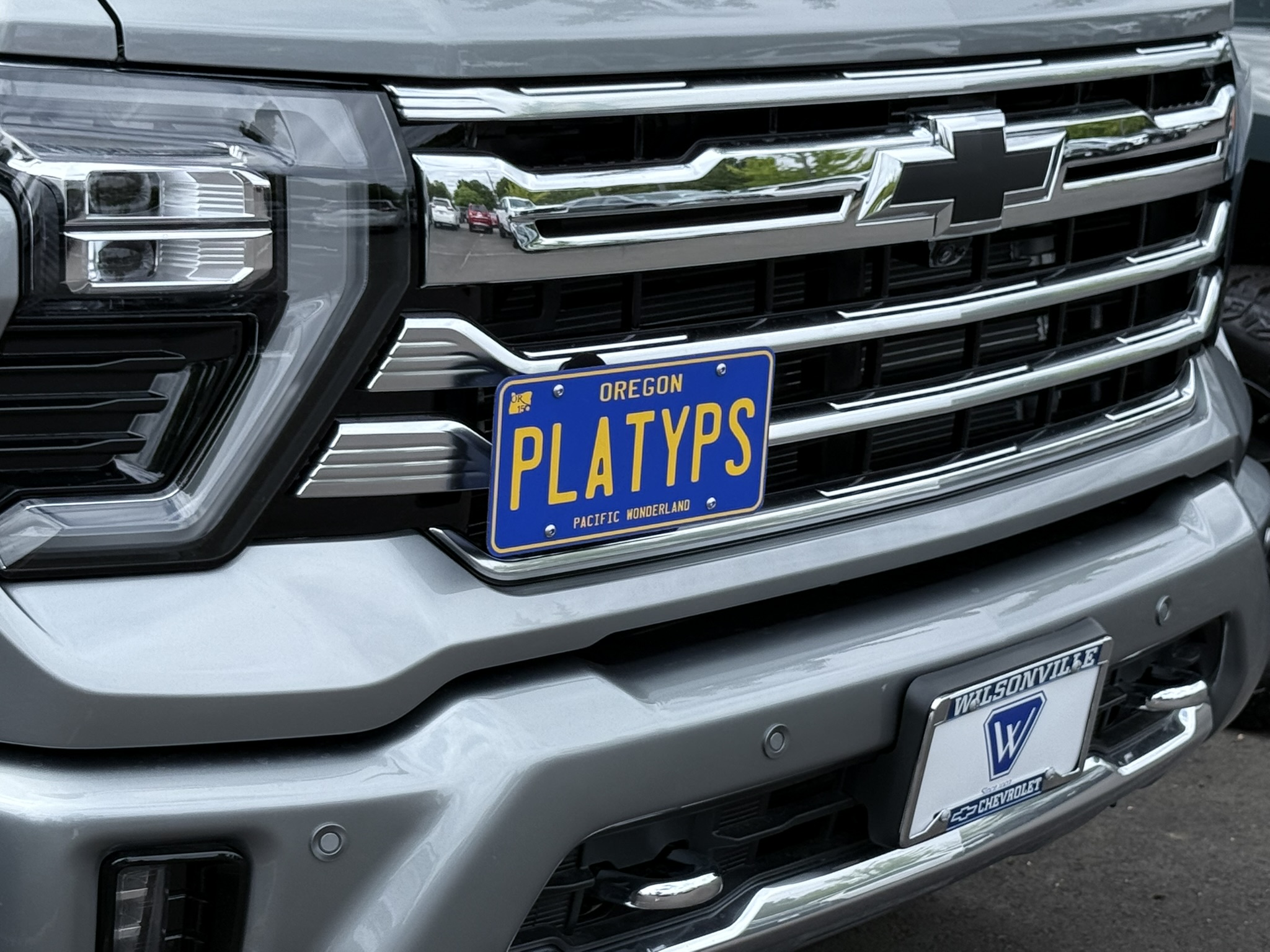 The Platypus License Plate Mount installed on a 2025 Chevrolet Silverado HD High Country. 