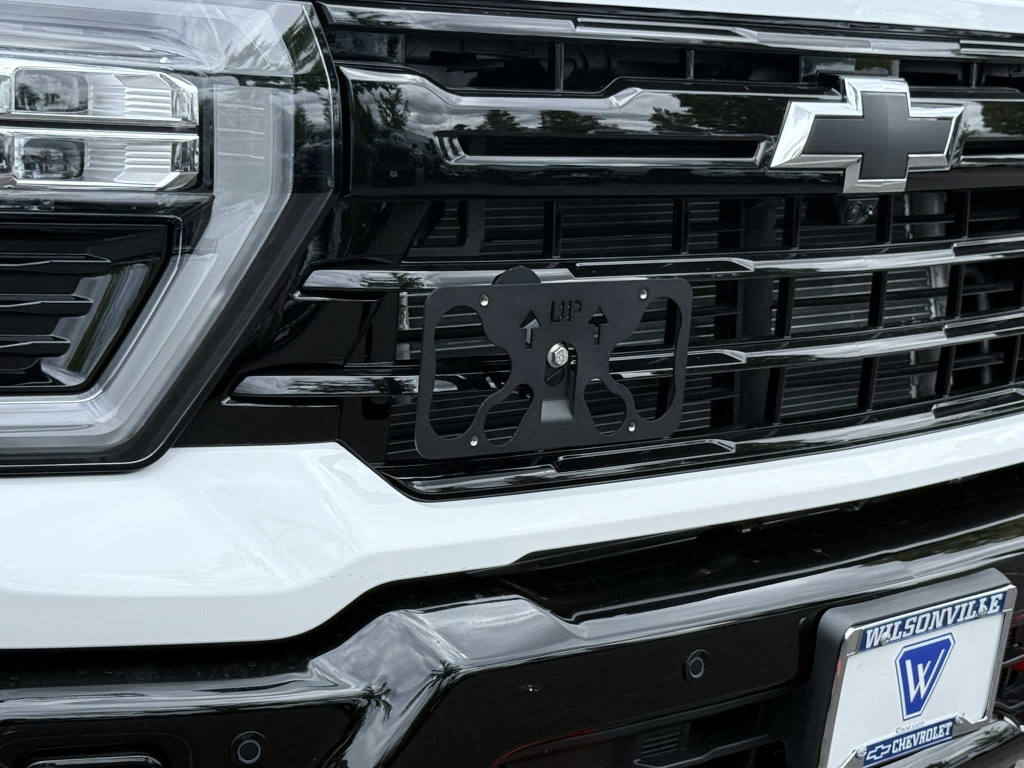 The Platypus License Plate Mount installed on a 2025 Chevrolet Silverado HD LT with the Z71 Off-Road Package