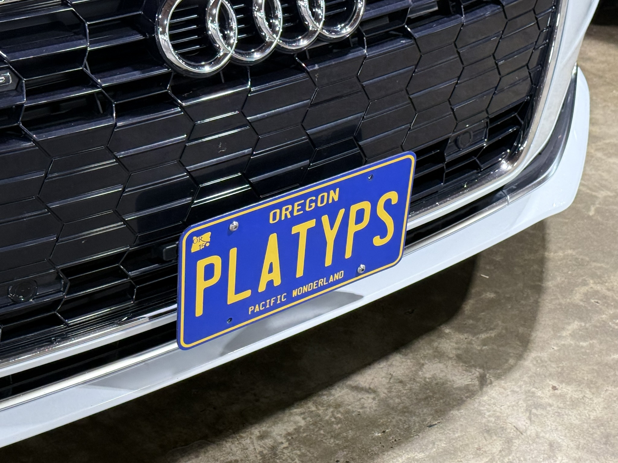 The Platypus License Plate Mount installed on a 2021 Audi A5 Sedan