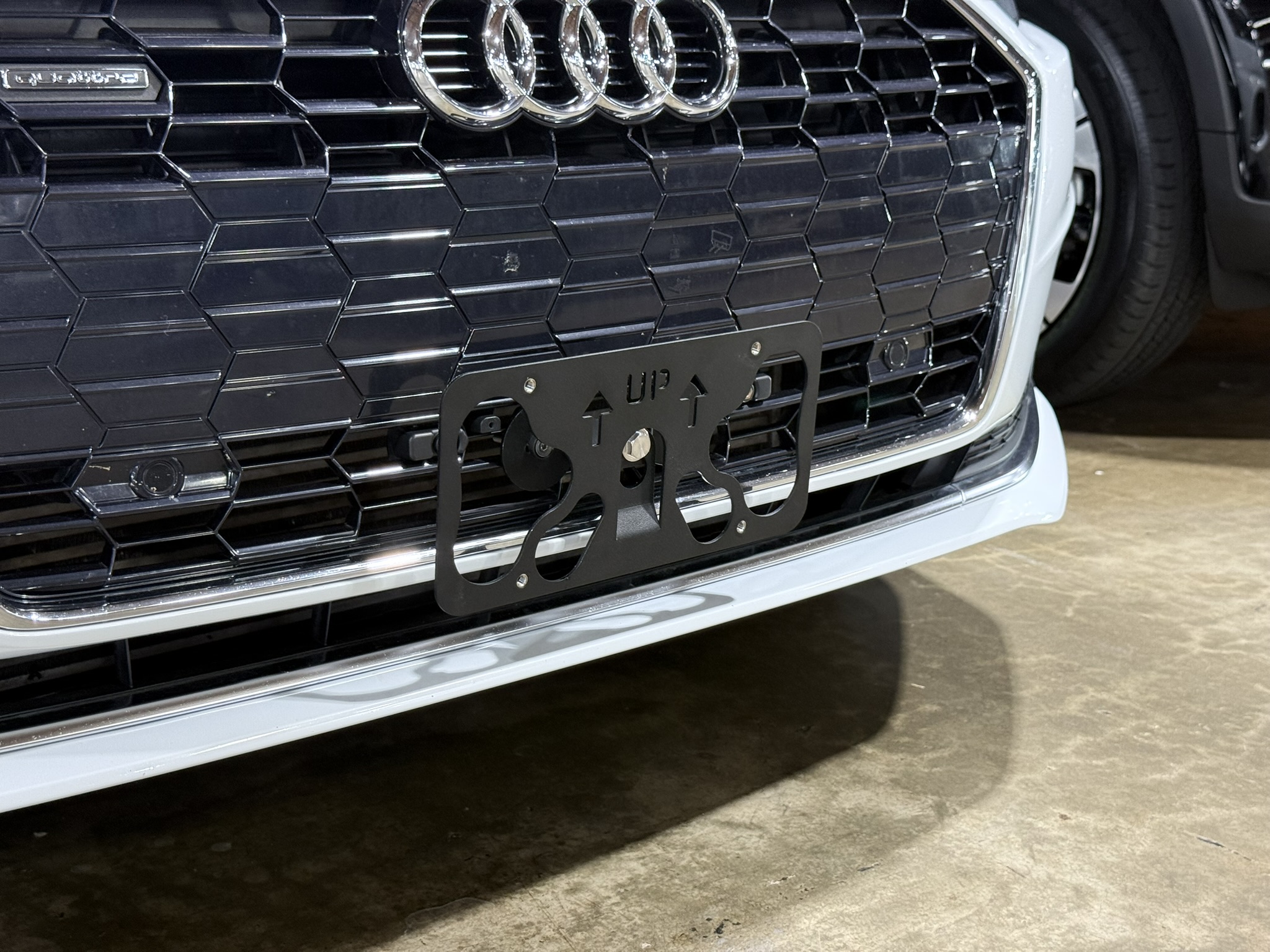 The Platypus License Plate Mount installed on a 2021 Audi A5 Sedan