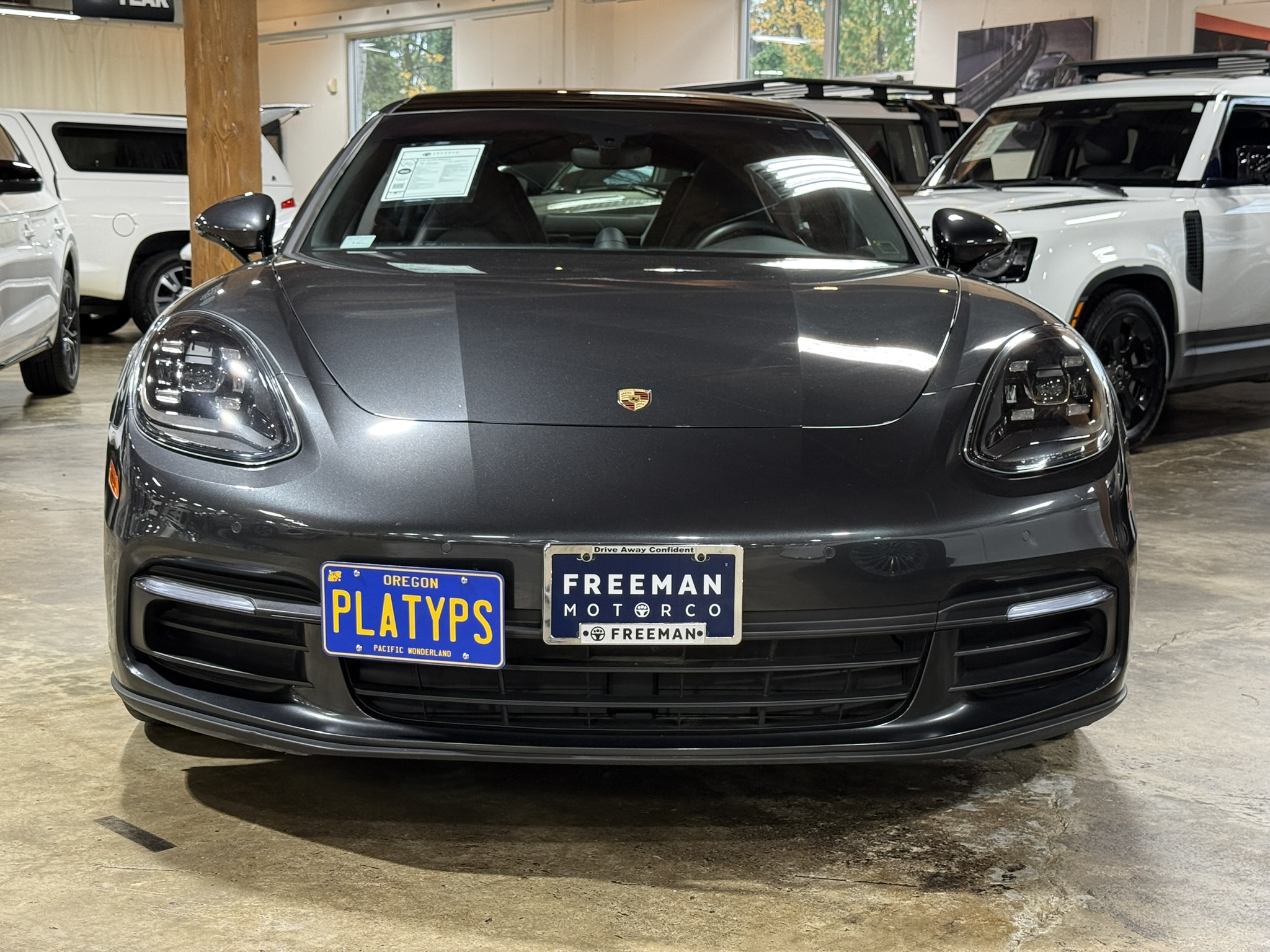 The Platypus License Plate Mount shown on the 971.1 Porsche Panamera.