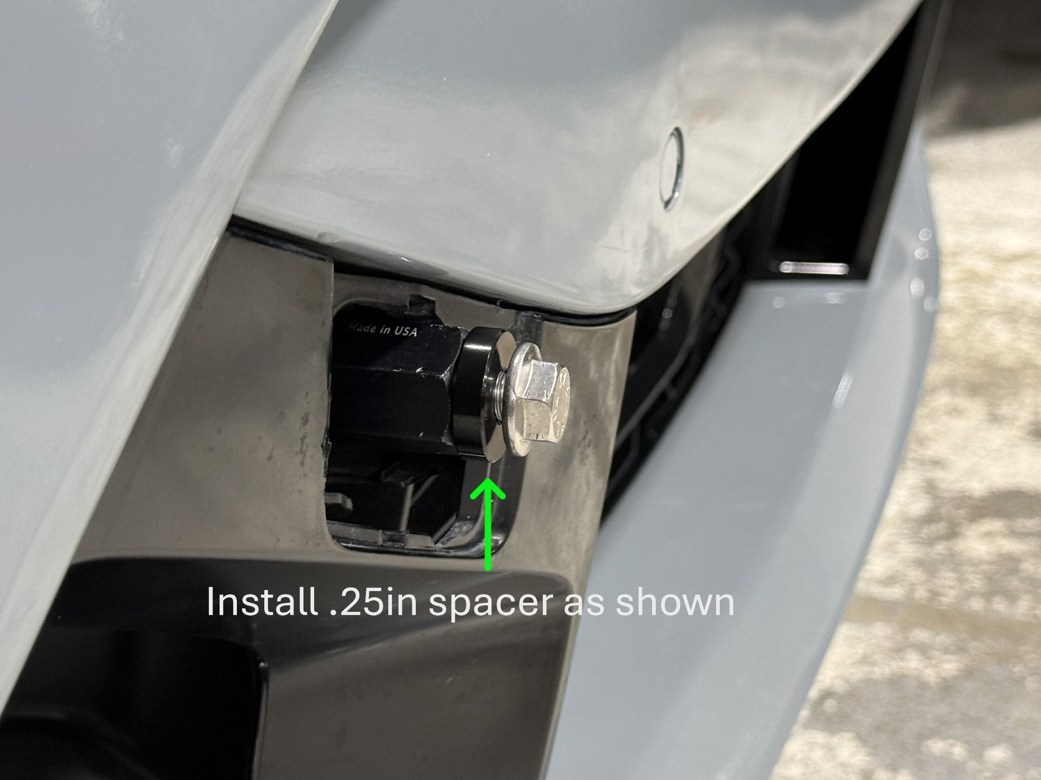 Use the included .25in spacer to allow the plate frame to avoid making contact with the bumper. 