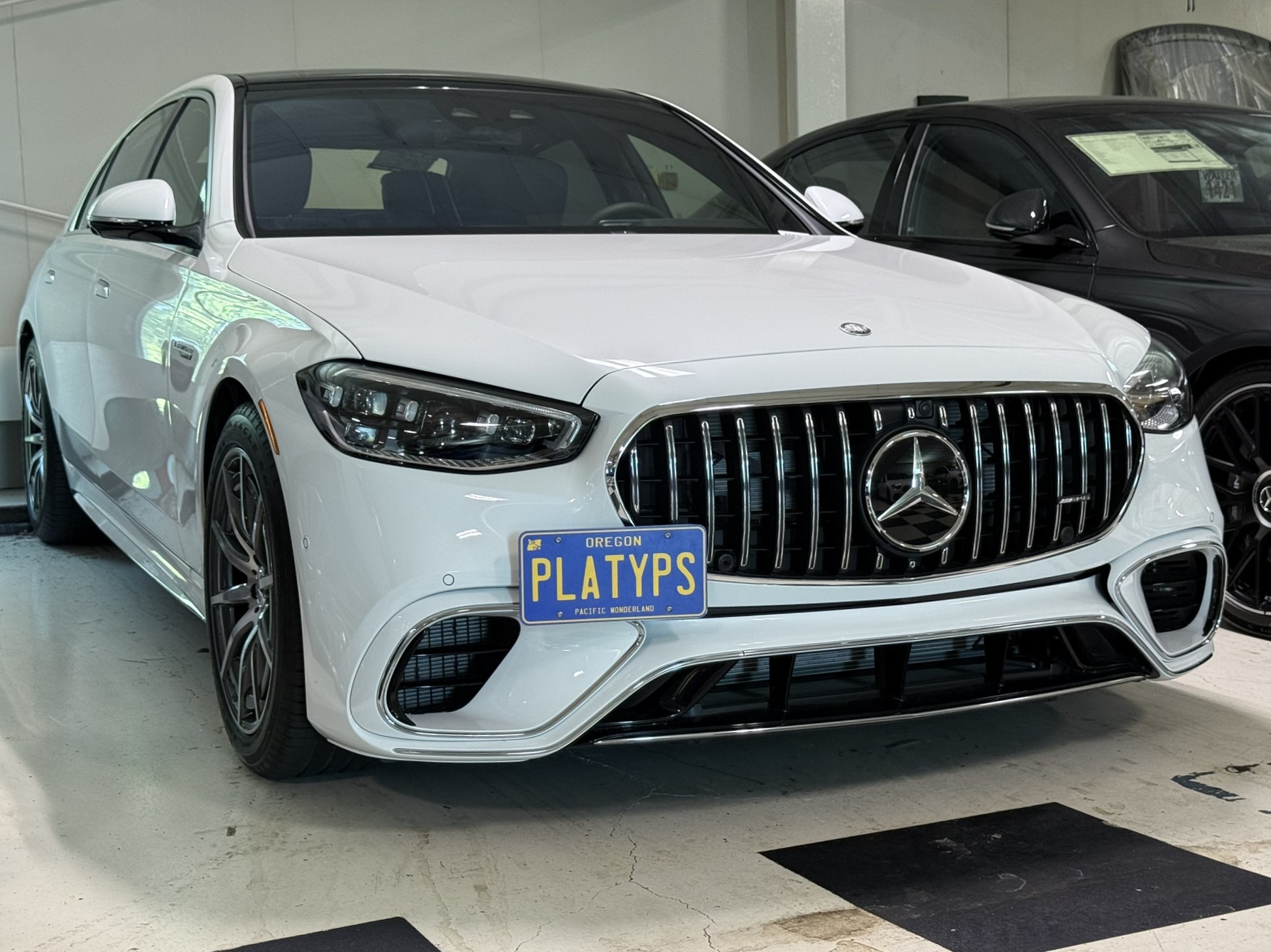 The Platypus License Plate Mount installed on a 2025 Mercedes-Benz AMG S 63 E 