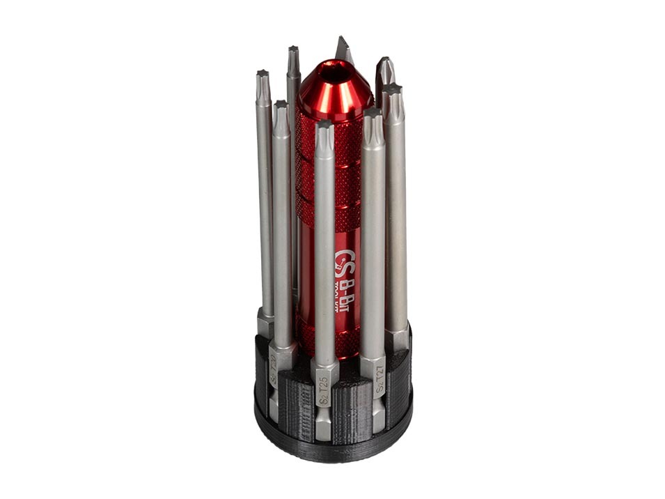 The 8 magnetic driver bits installed in the included case