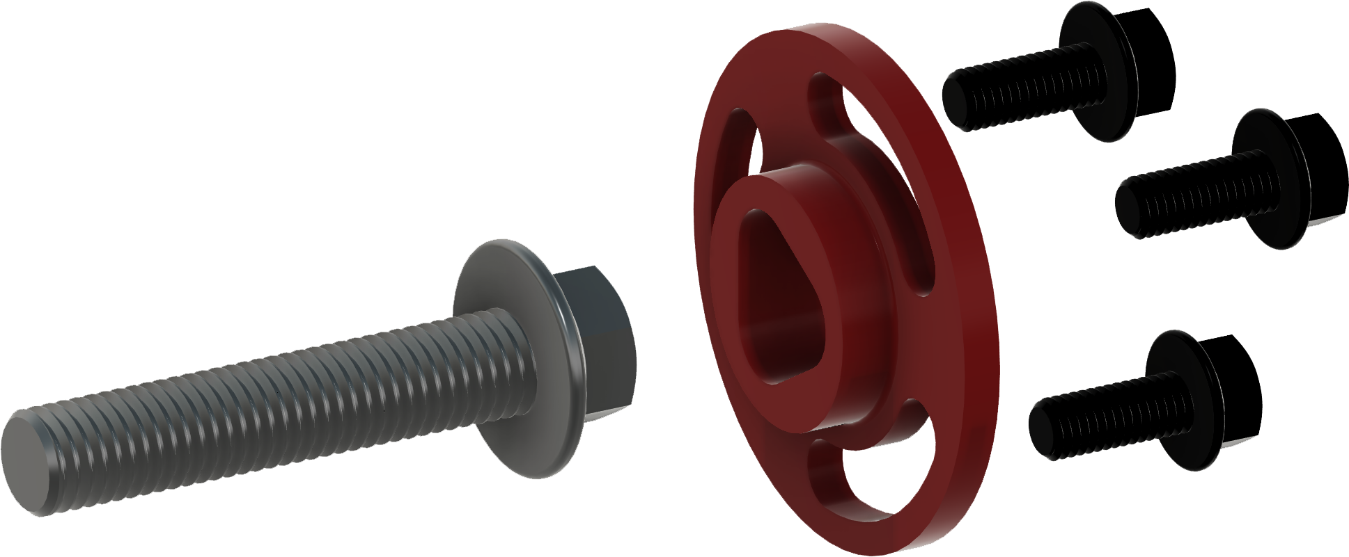 A closeup of a 3D rendered exploded view of the MINI R56 crank pulley assembly and The CravenSpeed Crank Bolt Lockdown Plate