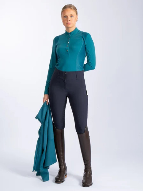 Long sleeve base layer made in technical polyamide blend and with breathable mesh panels. The garment's stylish and functional features include stand-up collar with half button placket, decorative seams and tonal PS monogram print at chest.
