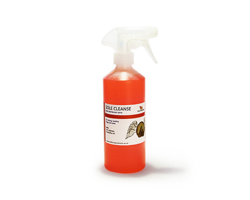 Hoof cleaning spray

Sole Cleanse spray cleanses the frog and sole to reduce and prevent foul odour and tissue degredation.

Its active ingredients cleanse the frog and sole and support healthy tissue growth.

Sole Cleanse can be used to flush cracks in the white line, frog and other crevices in the horse’s foot prior to packing them with Artimud.

The simple ingredients in Sole Cleanse have been chosen for their effective cleansing properties.

Zinc sulphate

A powerful, non-caustic, cleansing agent.

Essential oil

A highly effective  essential oil that helps to toughen weakened structures.

Natural surfactant

To maintain product consistency.




Shake before each use. Ensure feet are picked out and clean prior to application. Apply daily to problem areas as long as required. Apply weekly as a preventative measure.