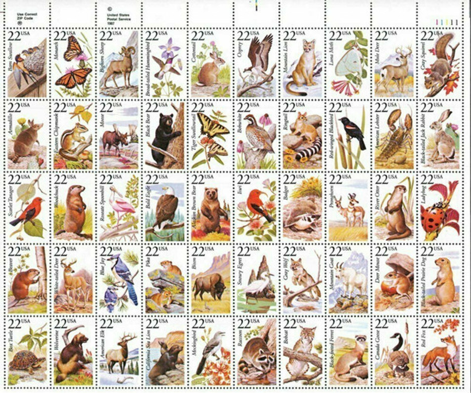 US 1987 NORTH AMERICAN WILDLIFE SHEET DISPLAYS WIDE VARIETY OF SPECIES THROUGHOUT 50 STATES