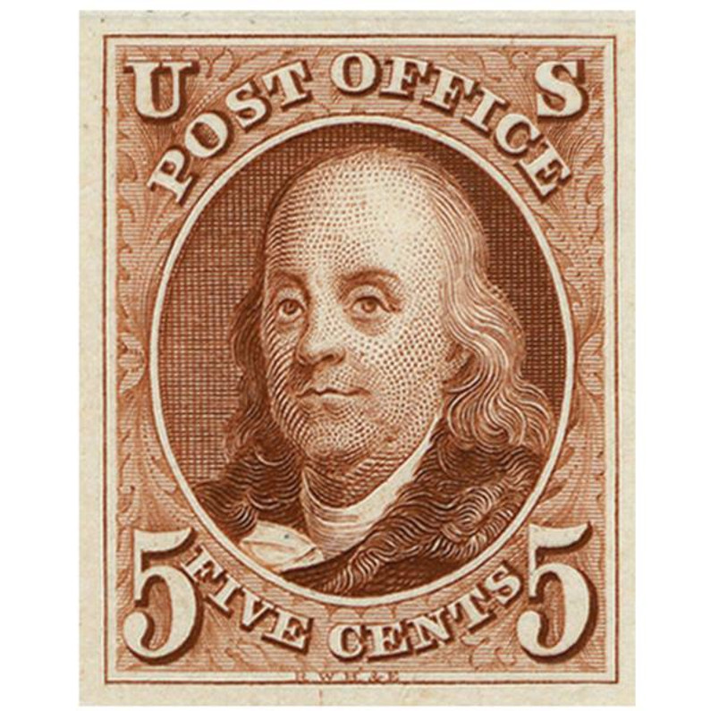 AMERICA'S FIRST POSTAGE STAMP- SCOTT #1- 5c RED BROWN BENJAMIN FRANKLIN