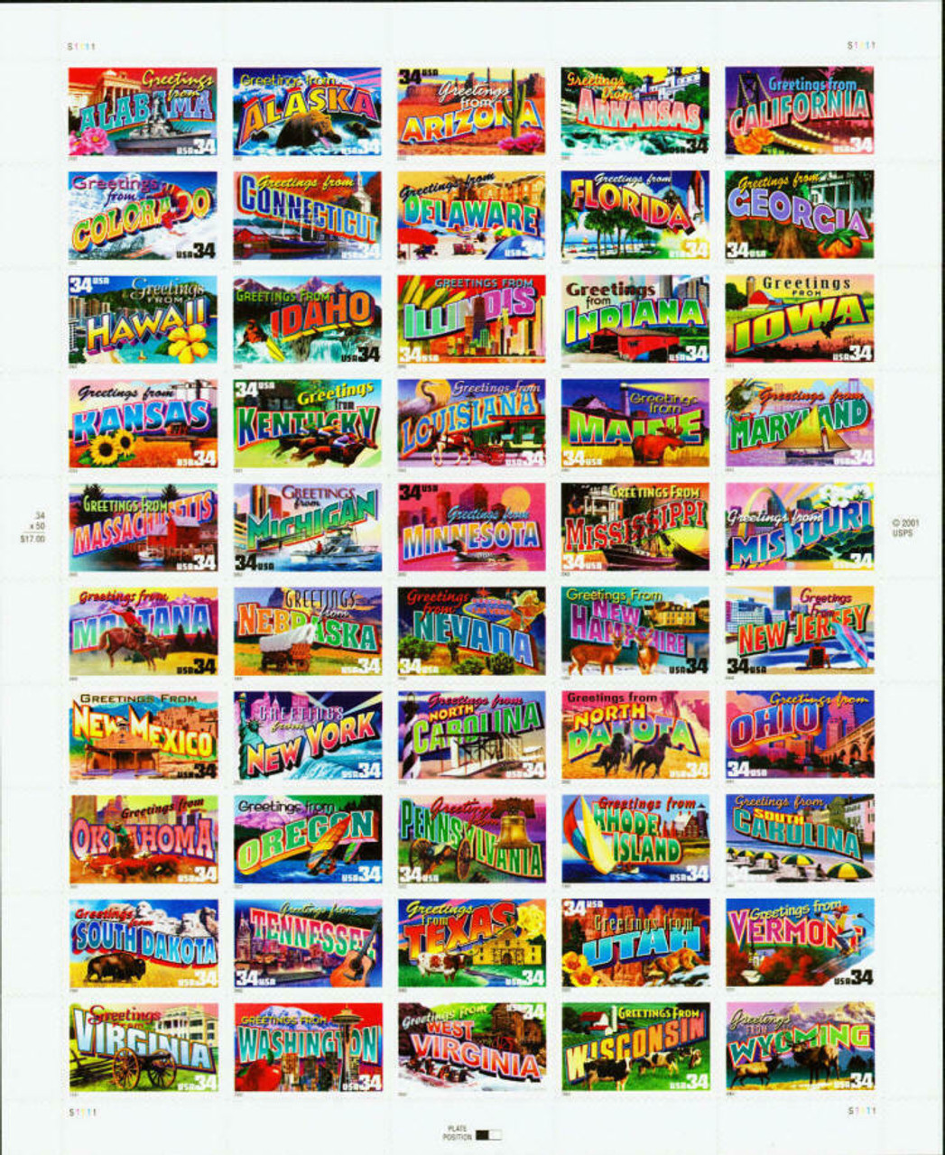 US (2002)- GREETINGS FROM AMERICA SHEET OF 50v- 34c SELF-ADHESIVES