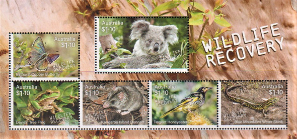 AUSTRALIA (2020)- Wildlife Recovery Sheet of 5- Koala, Frog,Butterfly,Honeyeater,Skink