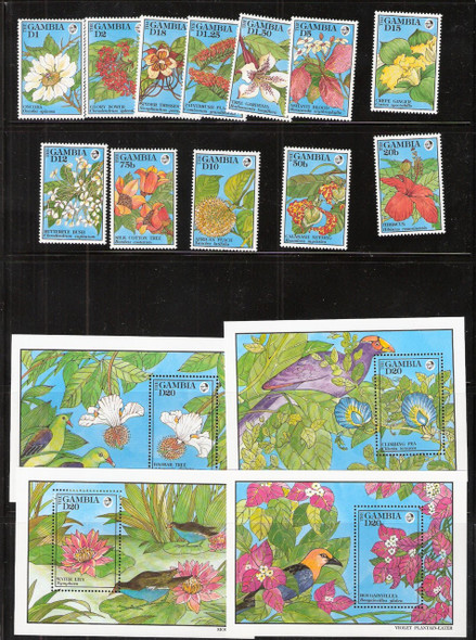 GAMBIA (1992)- FLOWERS & BIRDS- 12 VALUES & 4 SHEETS