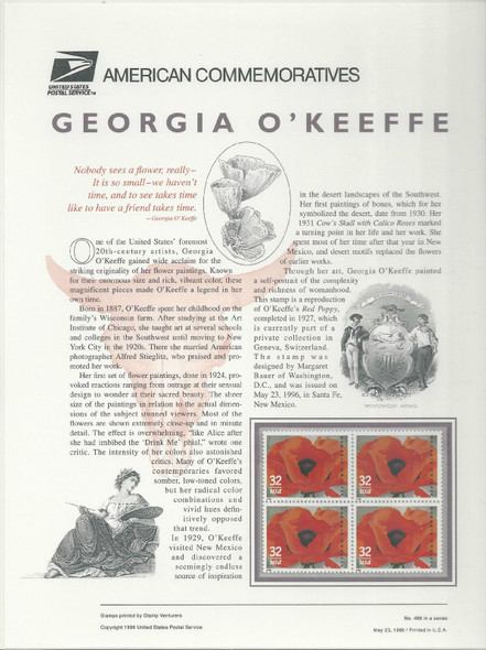 U.S.- Georgia O'Keefe (1996)- Complete Sheet of 15v-#3069 sold with USPS Commemorative Panel