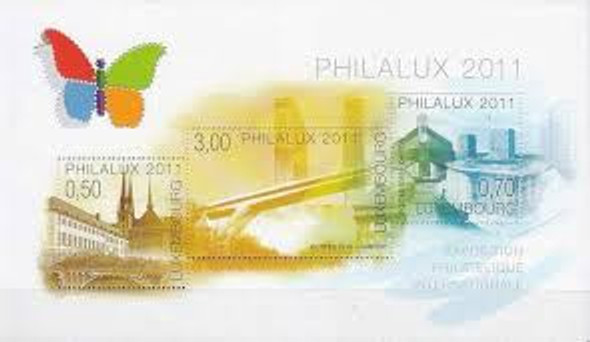 LUXEMBOURG (2010) PHILALUX  Philatelic Expo Sheet of 3 values-  Architecture, Butterfly. SC#1297a-c