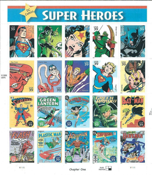 US (2005-6)--DC  & MARVEL COMICS  SUPERHEROES SHEETS OF 20 -SUPERMAN, BATMAN,  SPIDERMAN, ETC.#4084 & #4159