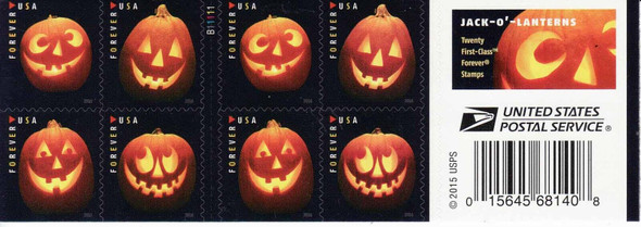 US (2016)- Jack 'o Lanterns Halloween Booklet of 20 Forever Stamps- #5137-40