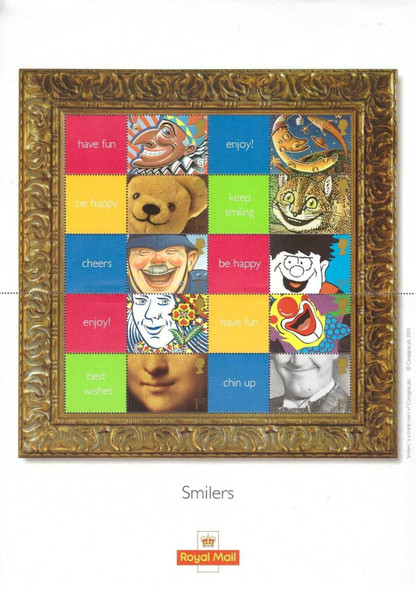 GREAT BRITAIN- 2 "SMILERS" SHEETS- FAMOUS SMILES PERSONALIZED SHEETS OF 10v- SHEET WITH AND W/O STAMP SHOW 2000 LOGO!