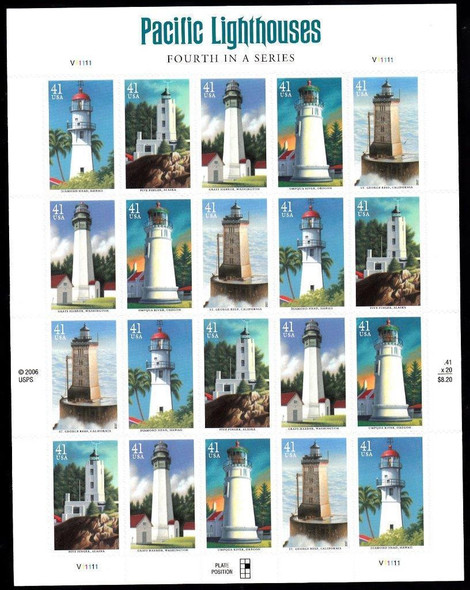 LIGHTHOUSE COLLECTION-  US (2007) Pacific Lighthouses Sheet of 20 - #4150a+ 10 Engraved First Day of Issue  Cards in Folio