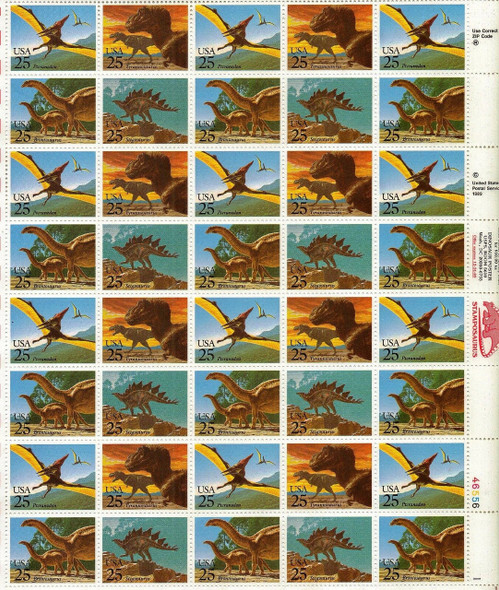 US (1990)- DINOSAURS (Stamp Collecting Month)-Sheet of 40v- #2422-5 w/2nd Day Presentation Folder