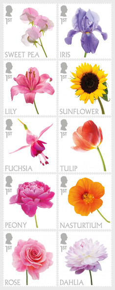 GR. BRITAIN (2023)- Flowers- set of 10- Sunflower,Rose,Lilly, etc.