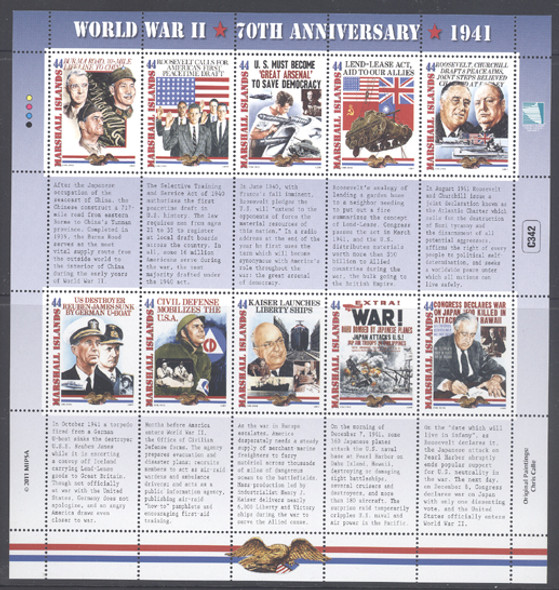 MARSHALL ISLANDS- WWII 70th Anniversary- Sheet of 10 with story labels