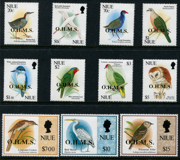 NIUE (1993)- BIRD DEFINITIVES WITH O.H.M.S. GOLD OVERPRINT (11v)