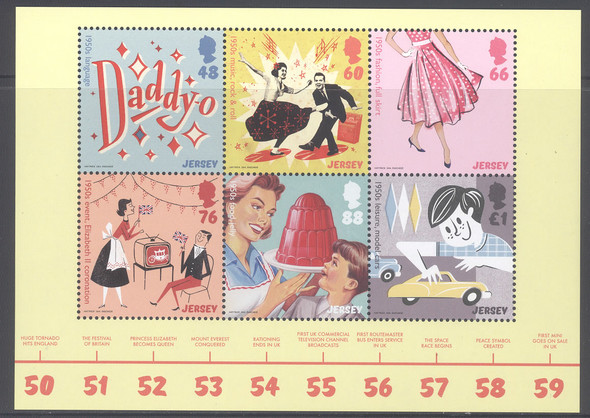 JERSEY- 1950s Culture- Sheet of 6 with timeline in border