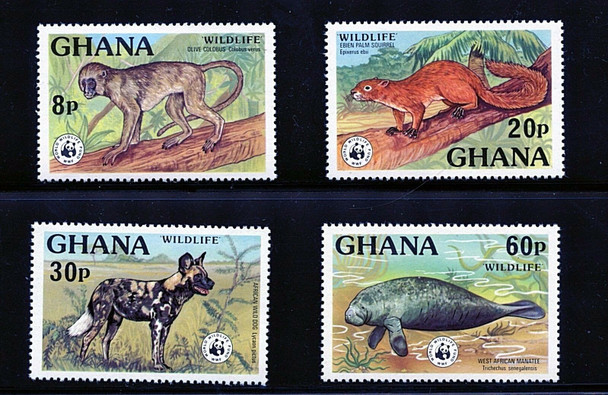 GHANA (1977)- WWF- Manatee, Hyena, etc. (4v)- Scott #621-4