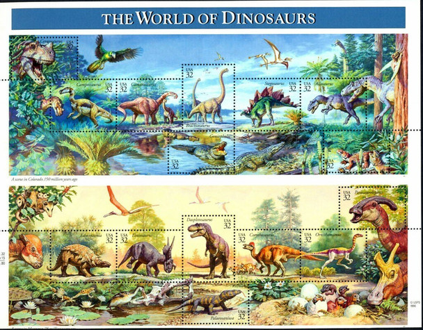 U.S. World of Dinosaurs (1997) --Mint Sheet w/Brachiosaurus Greeting Card!