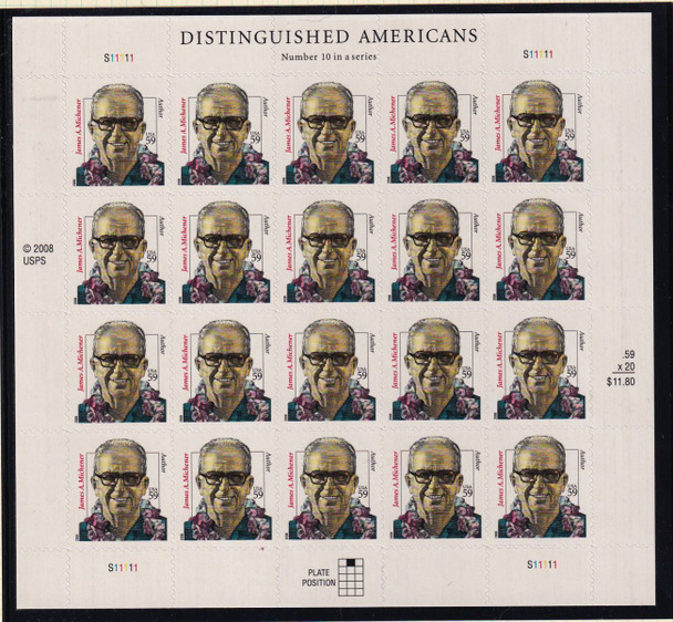 US - James A. Michener, author  (2008)- Sc 3427A- 59c MNH sheet of 20