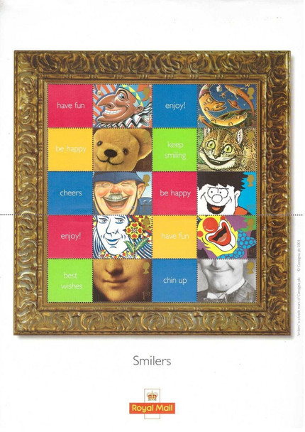 GREAT BRITAIN- 2 "SMILERS" SHEETS- FAMOUS SMILES PERSONALIZED SHEETS OF 10v- SHEET WITH AND W/O STAMP SHOW 2000 LOGO!