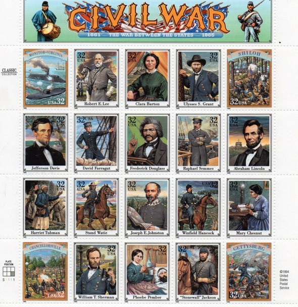 US (1995)- CIVIL WAR CENTENNIAL SHEET #2975  sold w/Sheet /Last Day of Sale- Cancellation on Cover + 19  1st Day Post Cards!