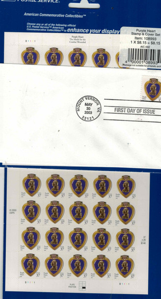 US (2003)- 2x PURPLE HEART SHEETS OF 20 (37c)+ FIRST DAY COVER- BELOW FACE VALUE!