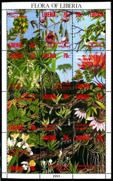 LIBERIA (1993)- -Flora of Liberia (Orchids- Tulips) Sheet of 12v