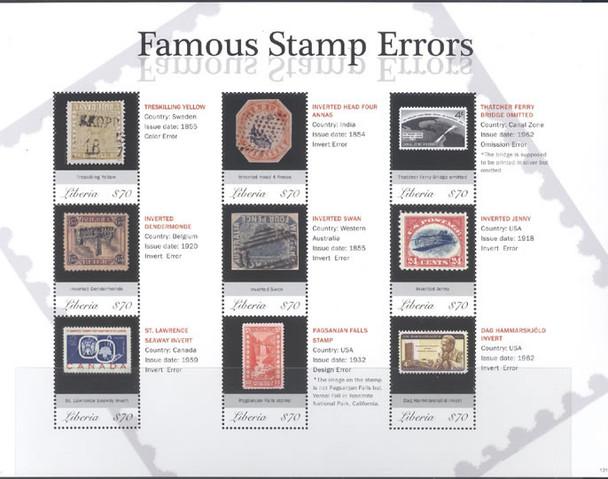 LIBERIA (2015)- Famous Errors Stamps- Sheet of 9