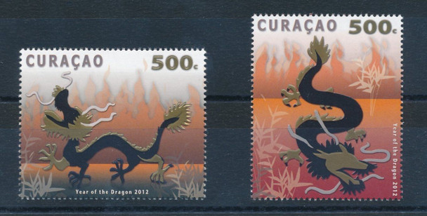 NETHERLAND ANTILLES (CURACAO)- Year of Dragon -2v- Gold Foil Imprints!