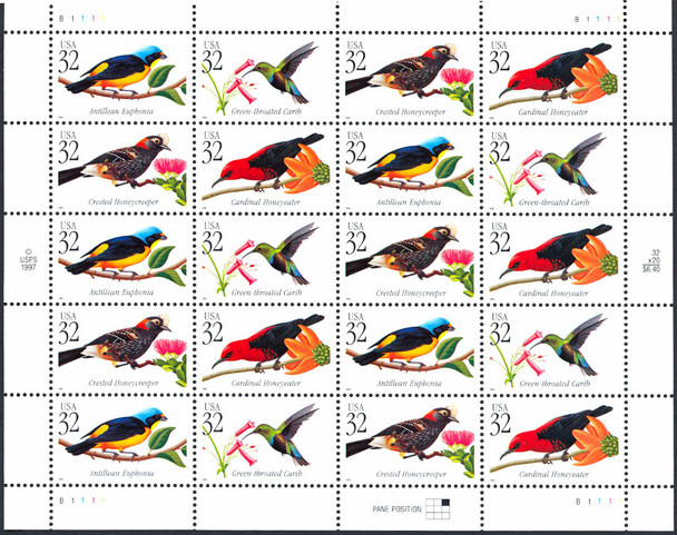 US- Tropical Birds 32c  Complete Sheet  (1998)