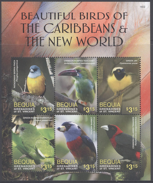 ST. VINCENT BEQUIA- Birds 2016- Sheet of 6- finch- toucanet- jay etc- 1602