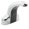 Speakman S-9010 - Battery powered 4-inch lavatory faucet. All components housed above counter. Uses two (2) 3-volt lithium batteries. Low battery warning light (10% life remains). Integral hot and cold mechanical mixing valves. Hot and cold filters and c