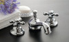 Strom Plumbing - P0820C Sacramento Chrome Plated Widespread Lavatory Faucet with Cross Handles and Pop-Up Drain. Cross handles have porcelain button for hot and cold.