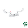 Speakman SC-3074-LD - Polished chrome plated centerset faucet. 1/4 turn ceramic cartridge. Vandal-resistant handles with color-coded indexes (SC-3042-REV-LD revere handles are not color-coded). Accommodates installations up to 7/8-inch thick. No drain as