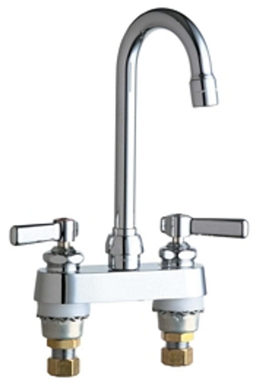 Chicago Faucets 895-XKABCP 4 inch Center Deck Mounted Sink Faucet with Rigid/Swing Gooseneck Spout, 2.2 GPM Pressure Compensating Softflo? Aerator, Indexed Lever Handles and Ceramic Disc Cartridges