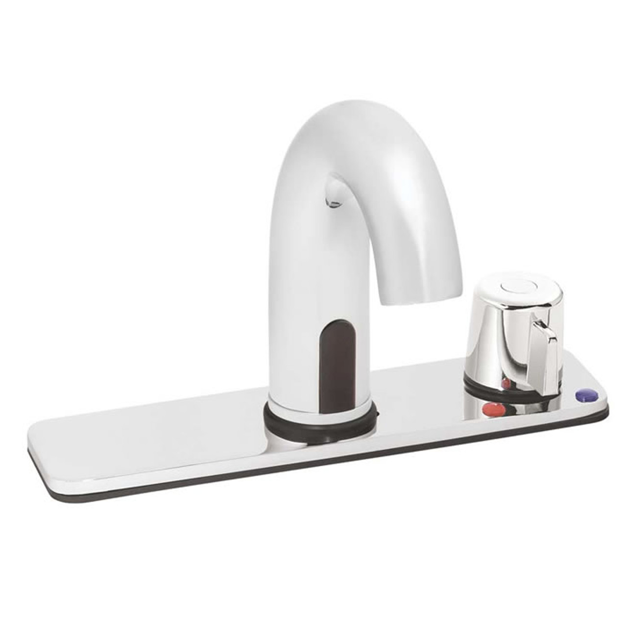 Speakman S-9722 - Battery powered lavatory faucet. Above-counter hot/cold mixer with built-in check valves, adjustable temperature limit stop. Solenoid with built-in filter. Electronics housed above counter. Solid brass body. Uses two (2) 3-volt lithium