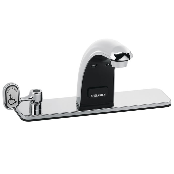 Speakman S-8728 - Battery powered lavatory faucet. Solenoid with built-in filter. Batteries and electronics housed above counter. All metal body and spout. Uses two (2) 3-volt lithium batteries. Low battery warning light (10% life remains). 60-second tim