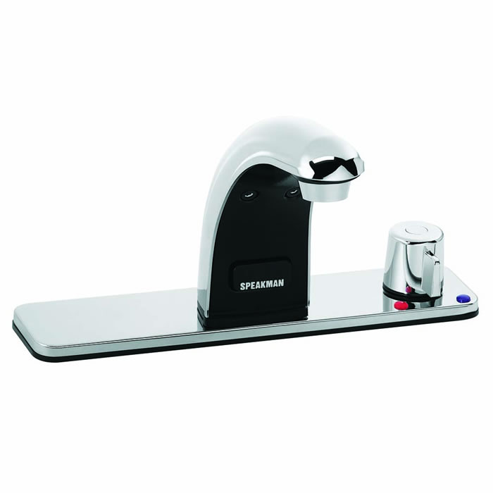 Speakman S-8822 - AC powered/plug-in lavatory faucet. Above-counter hot/cold mixer with built-in check valves, adjustable temperature limit stop. Solenoid with built-in filter. Electronics housed above counter. All metal chassis and removable cover. 60-s