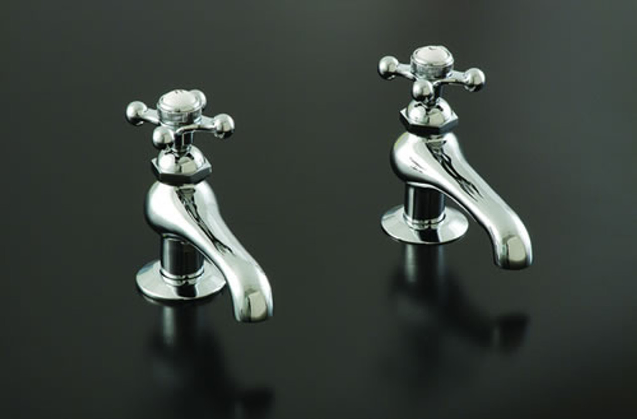 Strom Plumbing - P0012C Polished Chrome Antique Reproduction Individual Basin Faucets with Cross Handles. The P0012 metal cross handles have porcelain buttons for hot and cold.