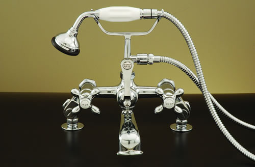 Strom Plumbing - P0627C Polished Chrome Deck Mount Faucet Cross Handles, Hand Shower Diverter, 2 inch Deck Couplers and adjustable centers to 12 inches